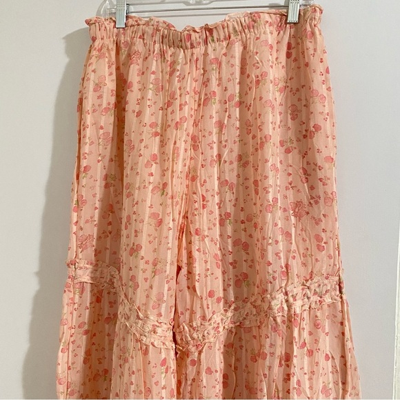 New Free Peoplel Emmaline Tiered Floral Wide Leg Pull-On Pants Peach Combo Sz L - Picture 8 of 16